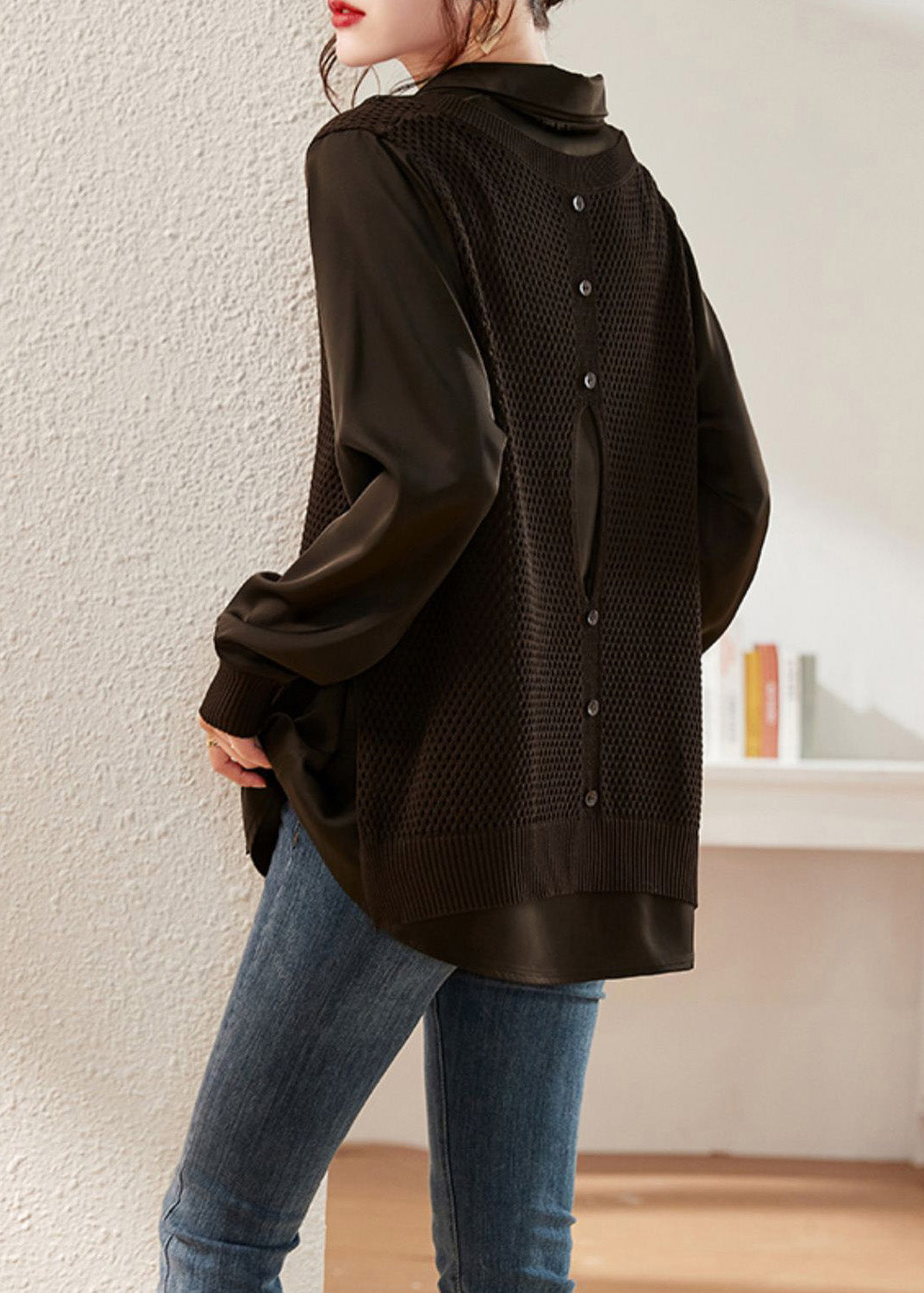 Women Coffee Peter Pan Collar Knit Patchwork Satin Shirts Long Sleeve LY6163 - fabuloryshop