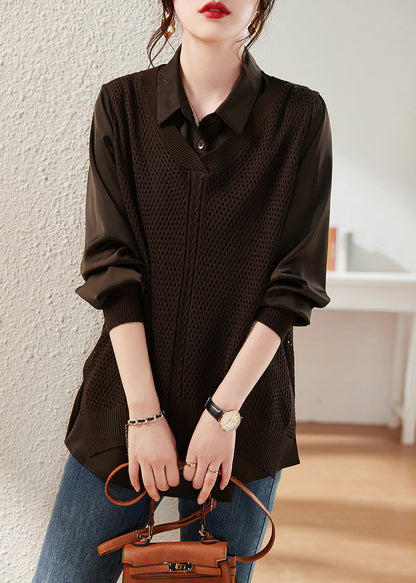 Women Coffee Peter Pan Collar Knit Patchwork Satin Shirts Long Sleeve LY6163 - fabuloryshop