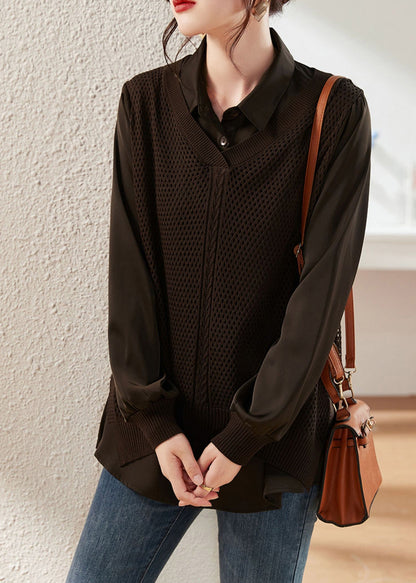 Women Coffee Peter Pan Collar Knit Patchwork Satin Shirts Long Sleeve LY6163 - fabuloryshop