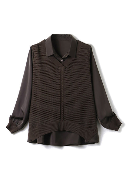 Women Coffee Peter Pan Collar Knit Patchwork Satin Shirts Long Sleeve LY6163 - fabuloryshop