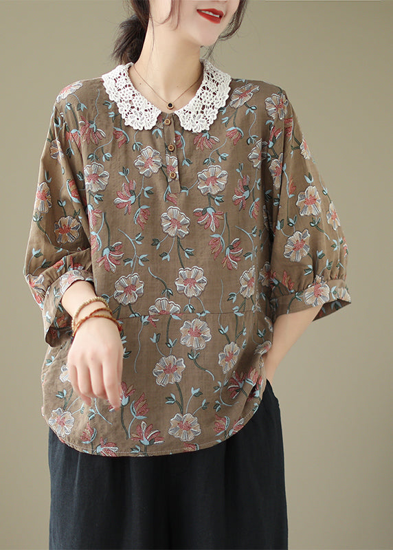 Women Coffee Peter Pan Collar Print Cotton Shirt Summer LY7332 - fabuloryshop