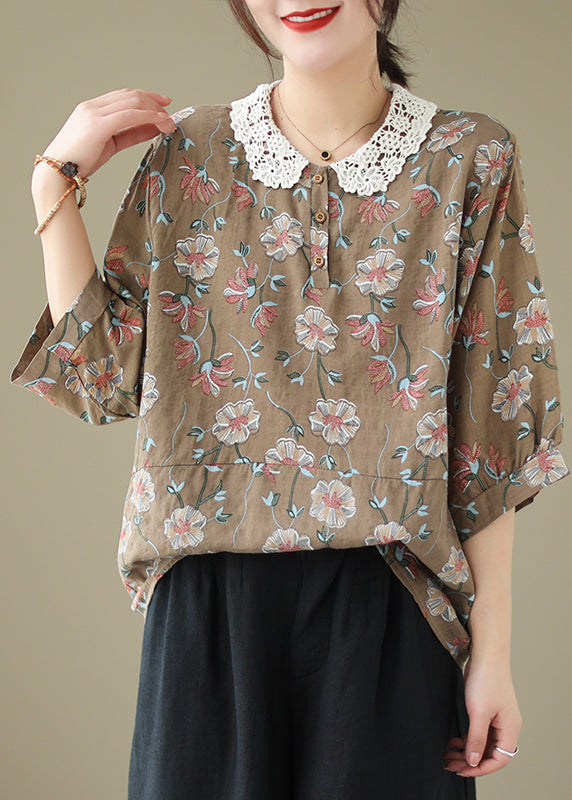 Women Coffee Peter Pan Collar Print Cotton Shirt Summer LY7332 - fabuloryshop