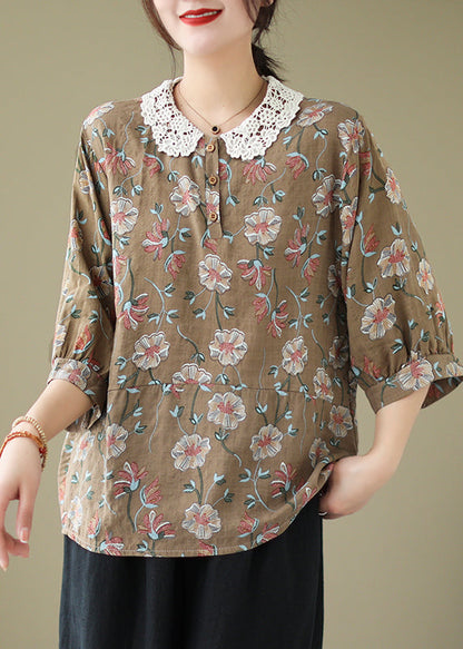 Women Coffee Peter Pan Collar Print Cotton Shirt Summer LY7332 - fabuloryshop