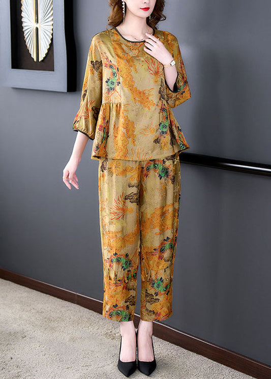 Women Coffee Print Wrinkled Tops And Pants Silk Two-Piece Set Summer Ada Fashion