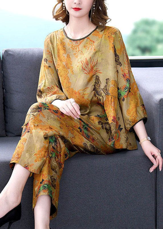 Women Coffee Print Wrinkled Tops And Pants Silk Two-Piece Set Summer Ada Fashion