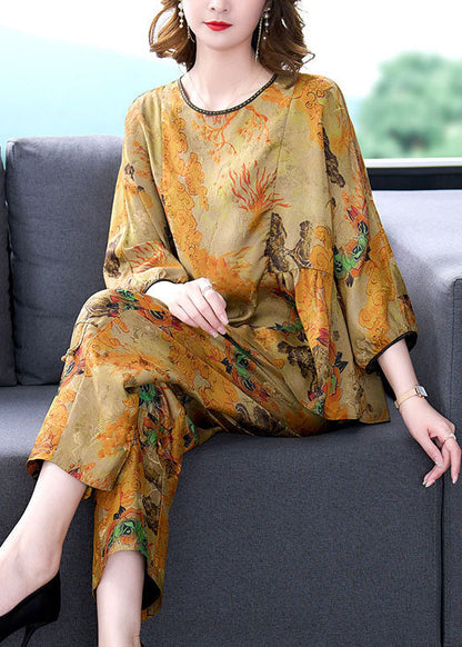 Women Coffee Print Wrinkled Tops And Pants Silk Two-Piece Set Summer Ada Fashion