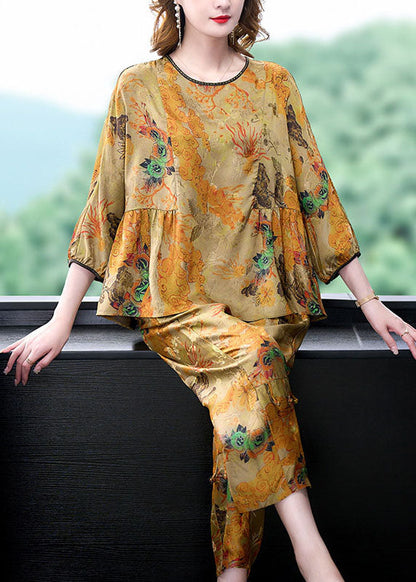 Women Coffee Print Wrinkled Tops And Pants Silk Two-Piece Set Summer Ada Fashion