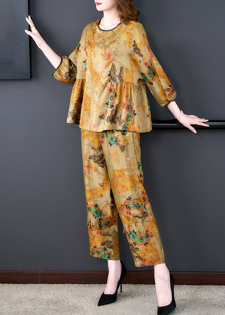 Women Coffee Print Wrinkled Tops And Pants Silk Two-Piece Set Summer Ada Fashion