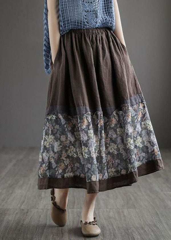 Women Coffee Wrinkled Pockets Print Patchwork Linen Skirt Summer LY4656 - fabuloryshop