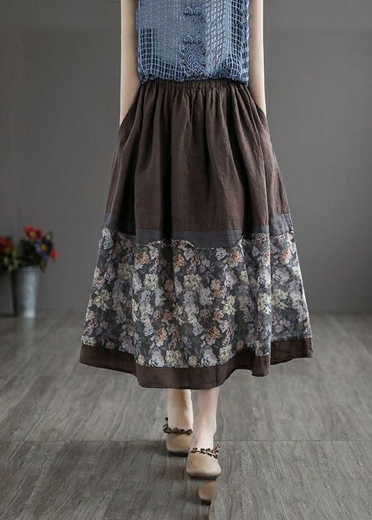 Women Coffee Wrinkled Pockets Print Patchwork Linen Skirt Summer LY4656 - fabuloryshop