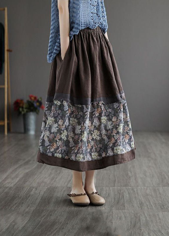 Women Coffee Wrinkled Pockets Print Patchwork Linen Skirt Summer LY4656 - fabuloryshop