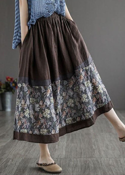 Women Coffee Wrinkled Pockets Print Patchwork Linen Skirt Summer LY4656 - fabuloryshop