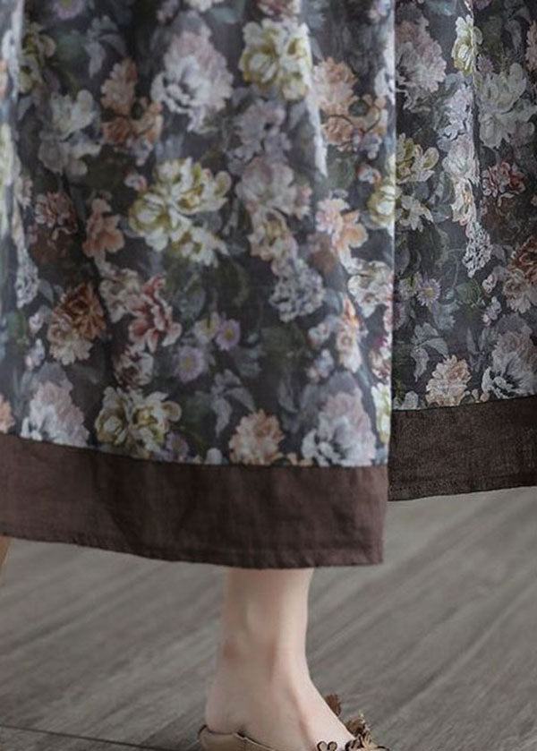 Women Coffee Wrinkled Pockets Print Patchwork Linen Skirt Summer LY4656 - fabuloryshop