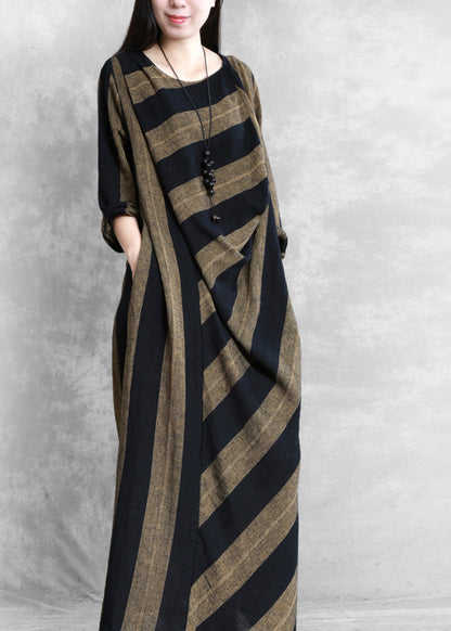 Women Coffee Yellow Striped Patchwork Long Dress Long Sleeve LY5140 - fabuloryshop