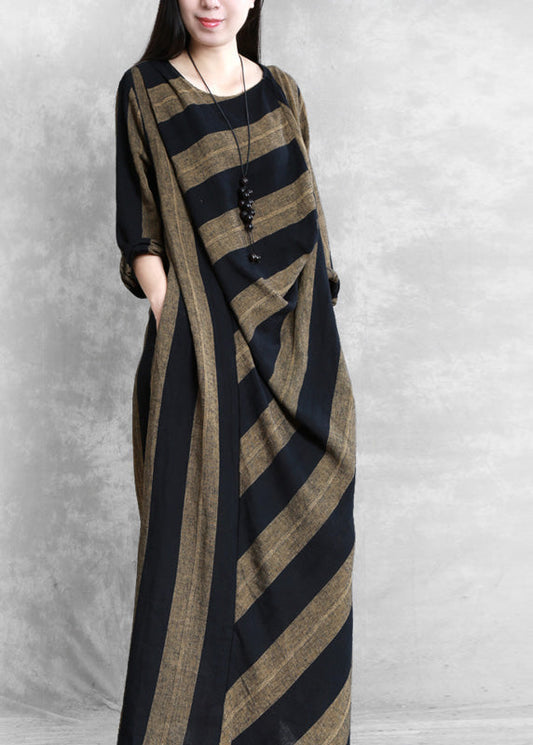 Women Coffee Yellow Striped Patchwork Long Dress Long Sleeve LY5140 - fabuloryshop