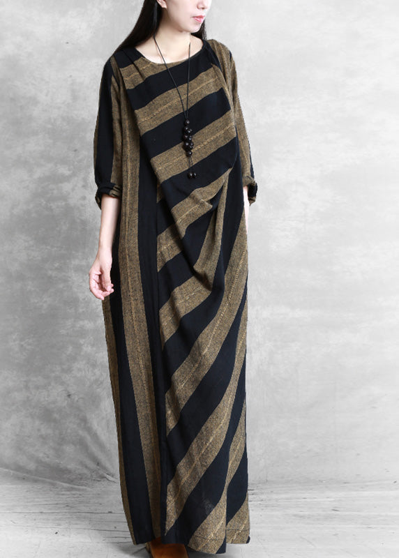 Women Coffee Yellow Striped Patchwork Long Dress Long Sleeve LY5140 - fabuloryshop