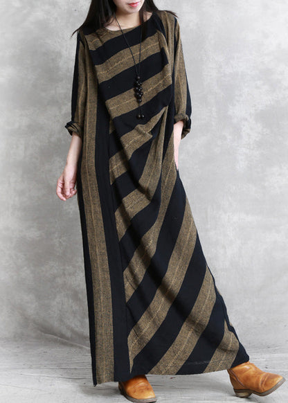 Women Coffee Yellow Striped Patchwork Long Dress Long Sleeve LY5140 - fabuloryshop