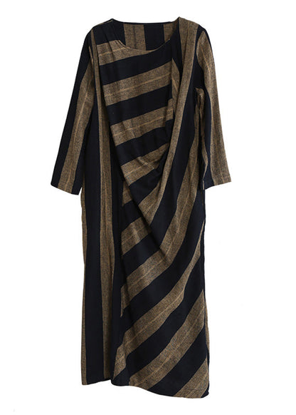 Women Coffee Yellow Striped Patchwork Long Dress Long Sleeve LY5140 - fabuloryshop