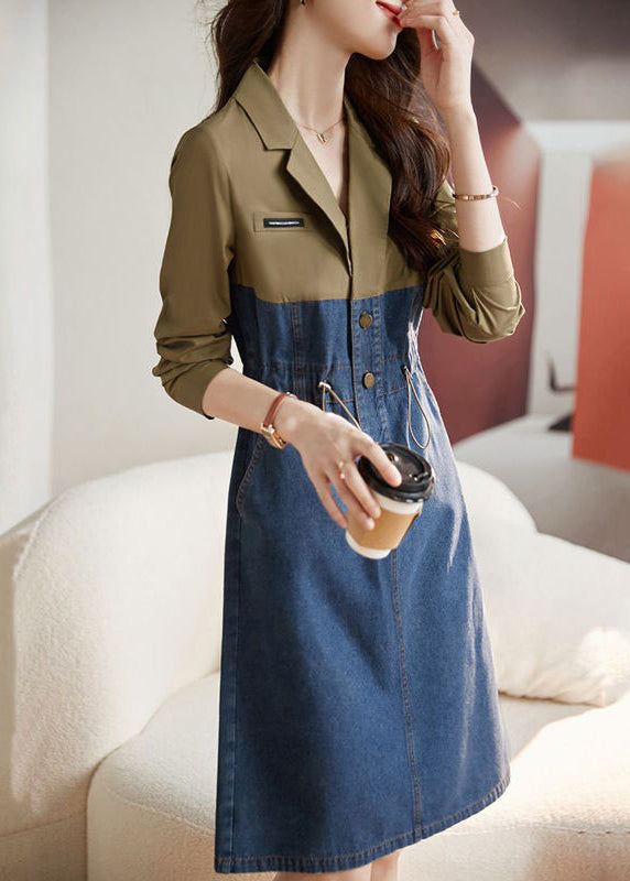 Women Colorblock Drawstring Pockets Patchwork Dresses Long Sleeve Ada Fashion