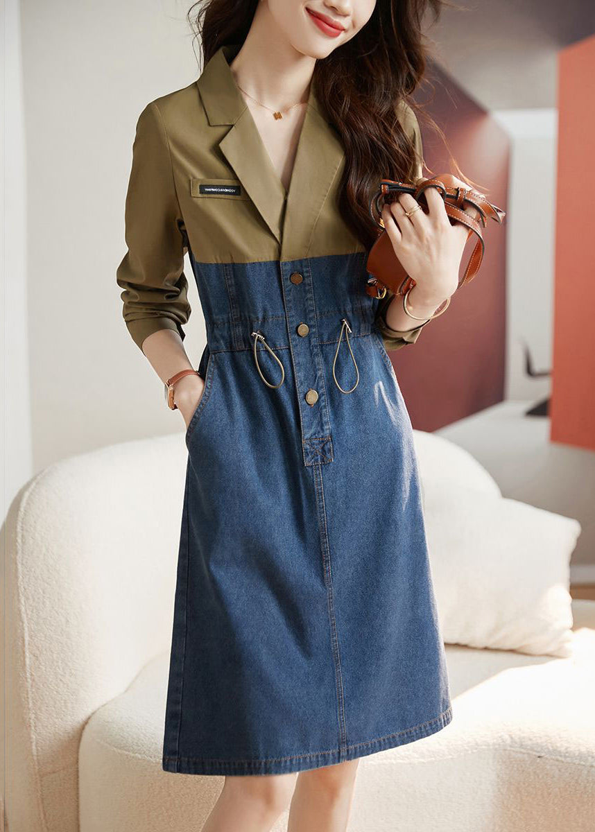 Women Colorblock Drawstring Pockets Patchwork Dresses Long Sleeve Ada Fashion