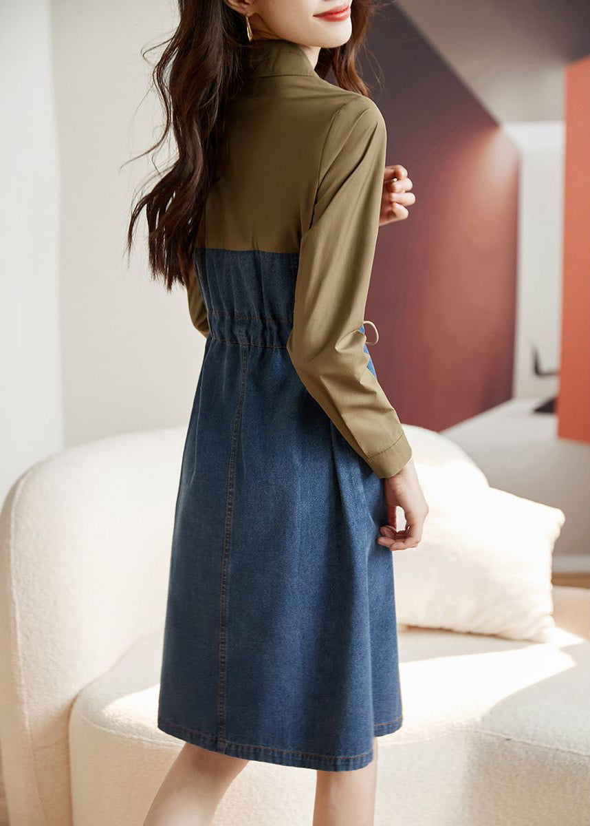 Women Colorblock Drawstring Pockets Patchwork Dresses Long Sleeve Ada Fashion