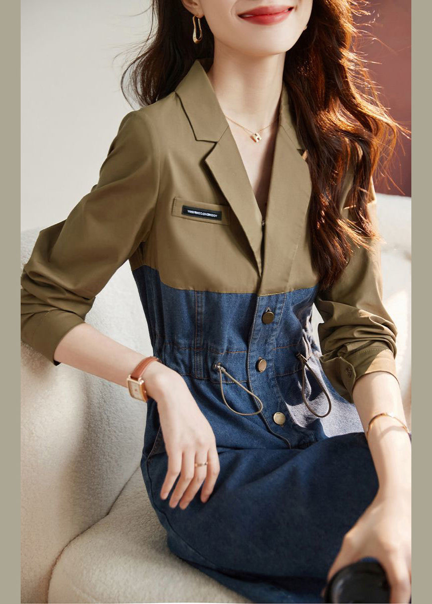 Women Colorblock Drawstring Pockets Patchwork Dresses Long Sleeve Ada Fashion