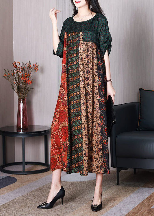 Women Colorblock O-Neck Oversized Patchwork Silk Dresses Summer LY3733 - fabuloryshop