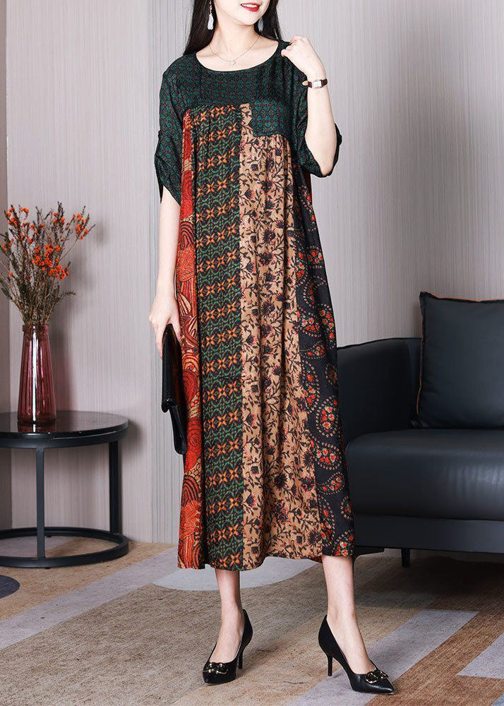 Women Colorblock O-Neck Oversized Patchwork Silk Dresses Summer LY3733 - fabuloryshop