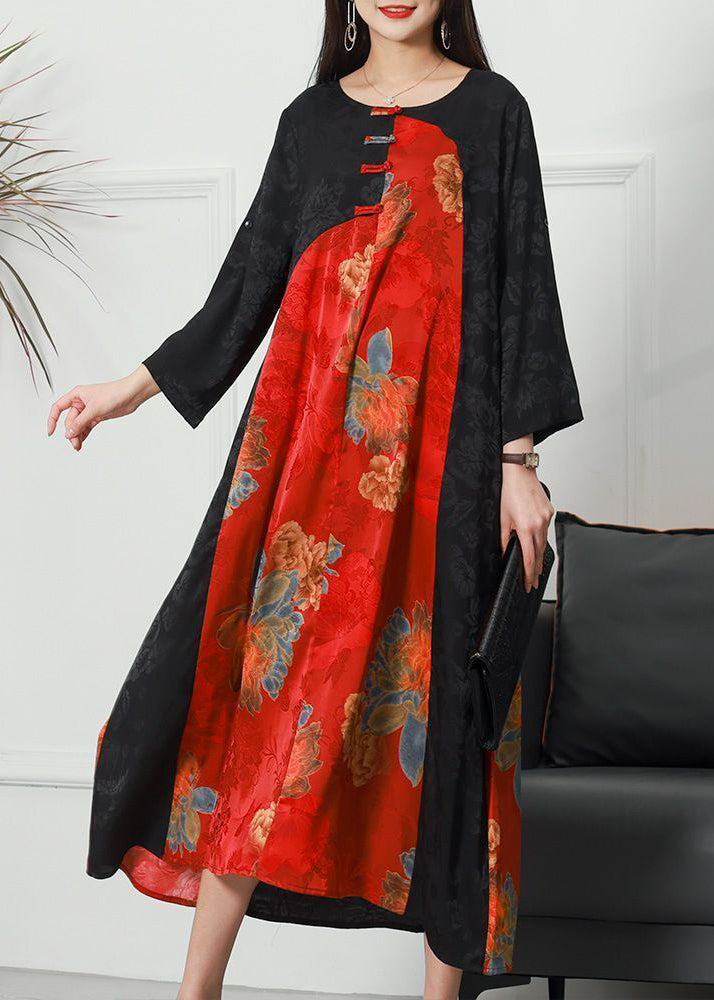Women Colorblock O-Neck Patchwork Chinese Button Jacquard Silk Long Dress Spring LY3756 - fabuloryshop