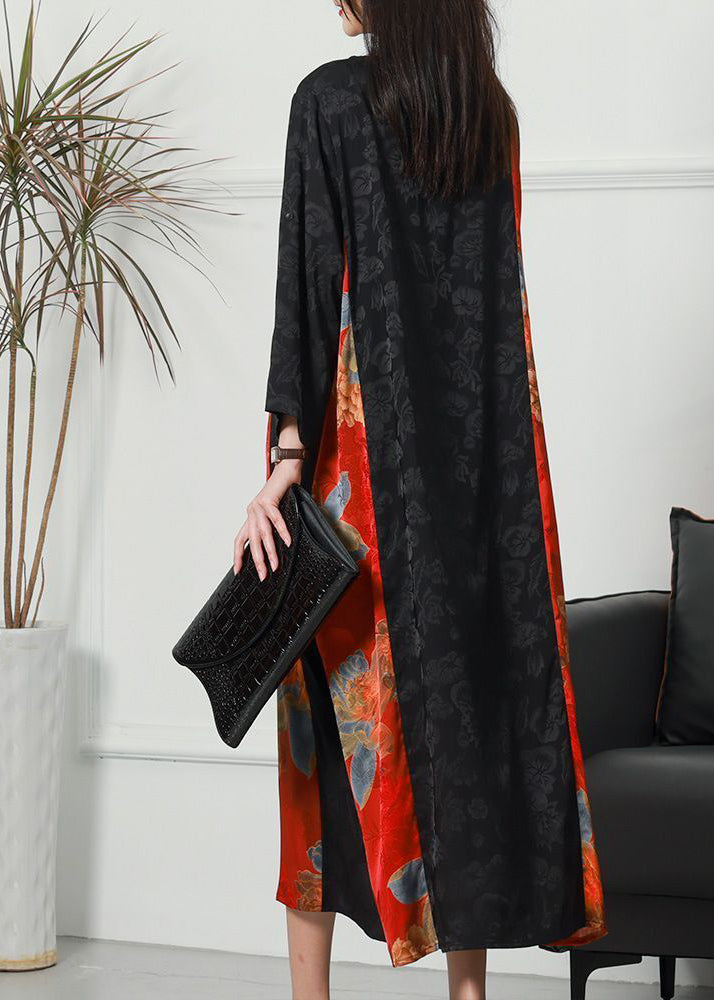 Women Colorblock O-Neck Patchwork Chinese Button Jacquard Silk Long Dress Spring LY3756 - fabuloryshop