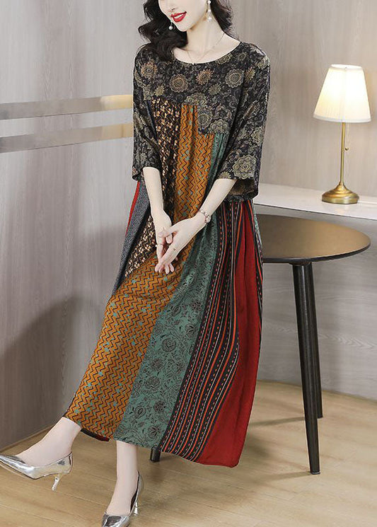 Women Colorblock O Neck Print Striped Patchwork Silk Dresses Summer LY4472 - fabuloryshop