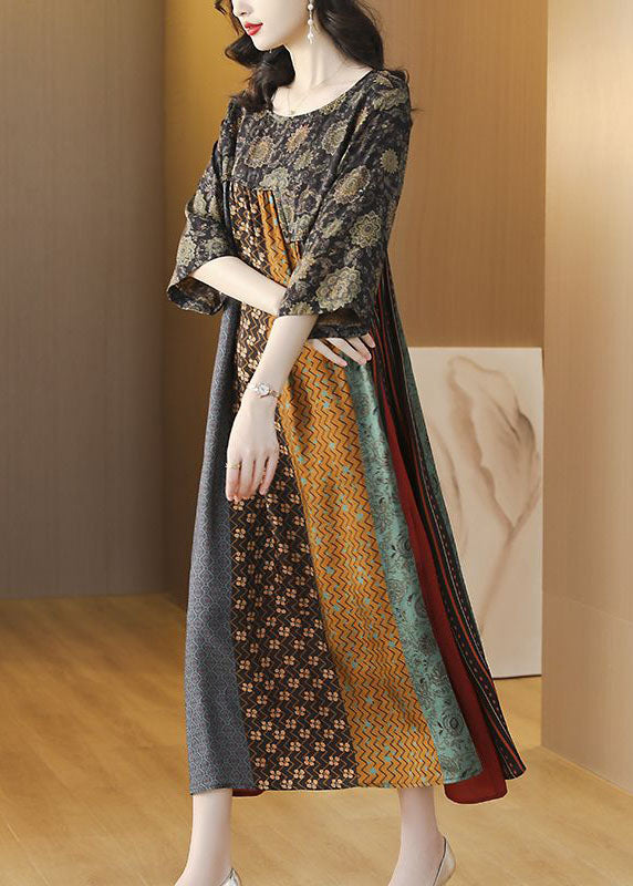 Women Colorblock O Neck Print Striped Patchwork Silk Dresses Summer LY4472 - fabuloryshop