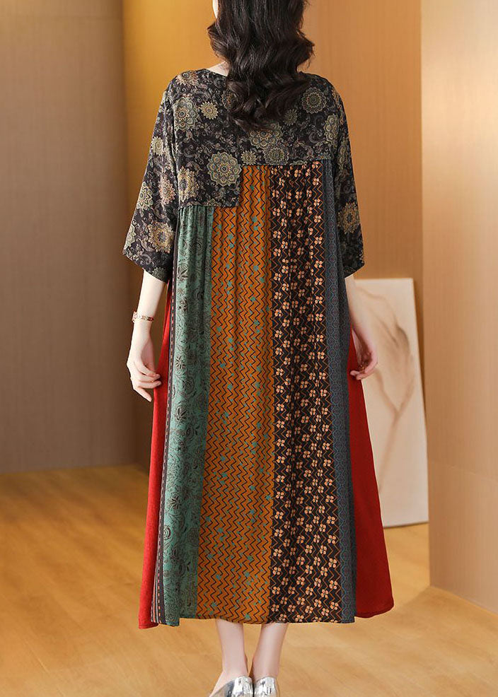 Women Colorblock O Neck Print Striped Patchwork Silk Dresses Summer LY4472 - fabuloryshop