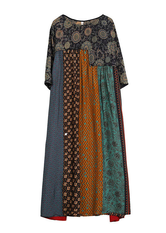 Women Colorblock O Neck Print Striped Patchwork Silk Dresses Summer LY4472 - fabuloryshop