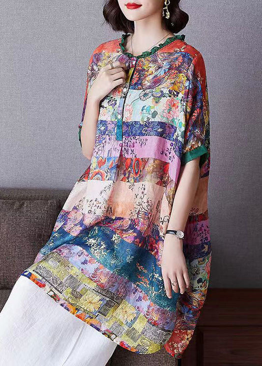 Women Colorblock Ruffled Print Patchwork Cotton Shirt Top Half Sleeve TF1040 - fabuloryshop