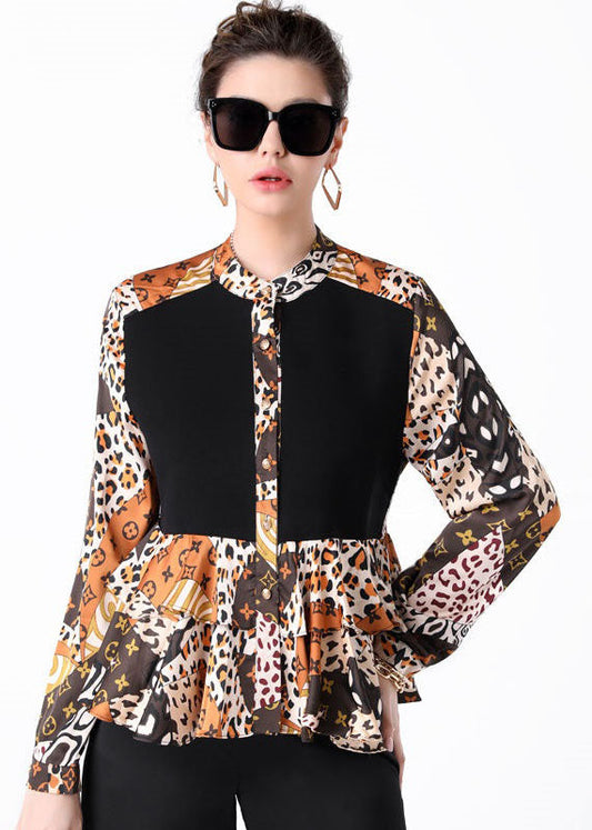 Women Colorblock Stand Collar Ruffled Print Patchwork Silk Shirts Spring LY4452 - fabuloryshop