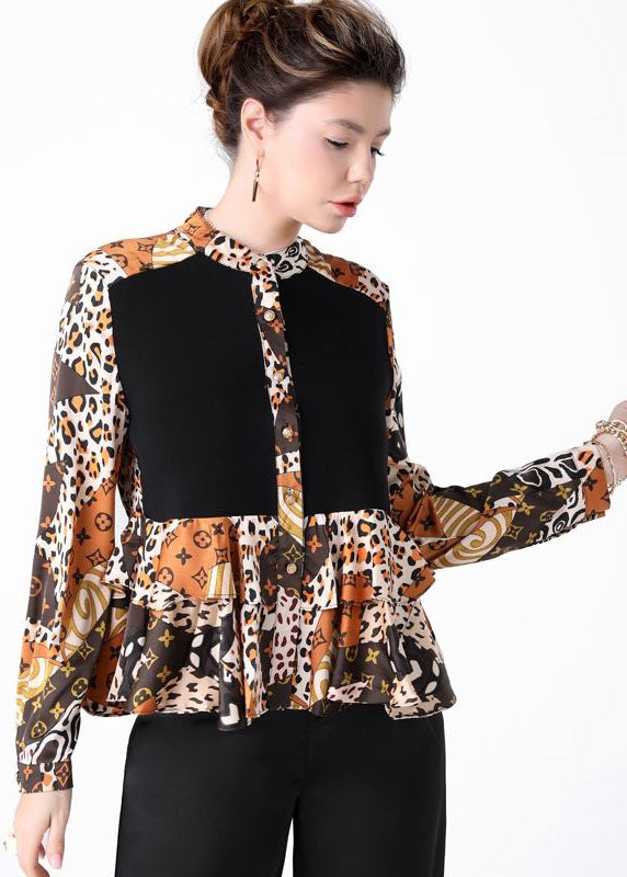 Women Colorblock Stand Collar Ruffled Print Patchwork Silk Shirts Spring TI1033 - fabuloryshop