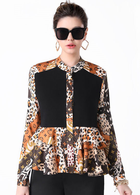 Women Colorblock Stand Collar Ruffled Print Patchwork Silk Shirts Spring LY4452 - fabuloryshop