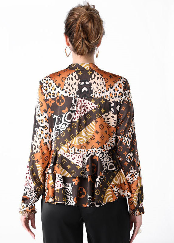 Women Colorblock Stand Collar Ruffled Print Patchwork Silk Shirts Spring LY4452 - fabuloryshop