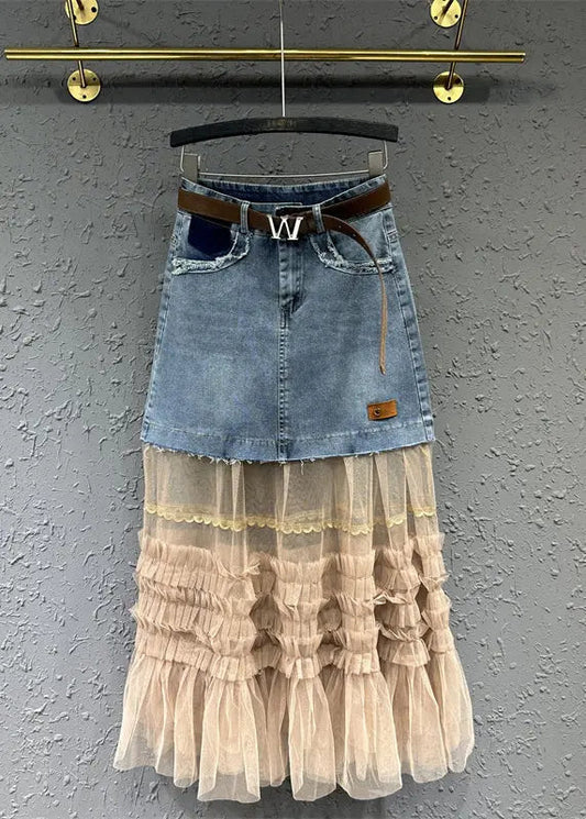 Women Colorblock Tulle Ruffled Pockets Patchwork Denim Skirt Fall Ada Fashion