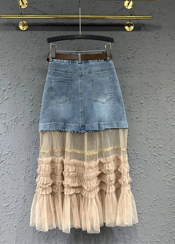 Women Colorblock Tulle Ruffled Pockets Patchwork Denim Skirt Fall Ada Fashion