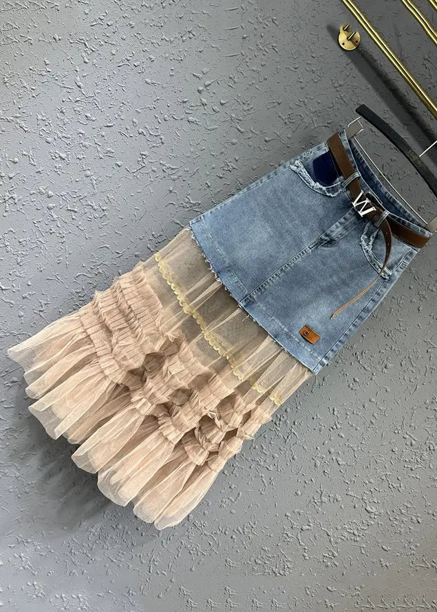 Women Colorblock Tulle Ruffled Pockets Patchwork Denim Skirt Fall Ada Fashion