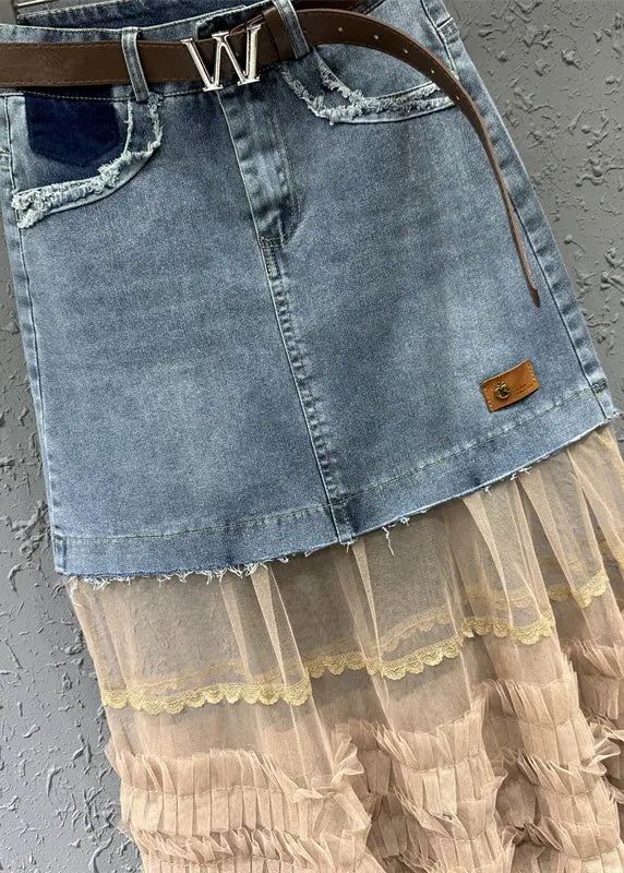 Women Colorblock Tulle Ruffled Pockets Patchwork Denim Skirt Fall Ada Fashion