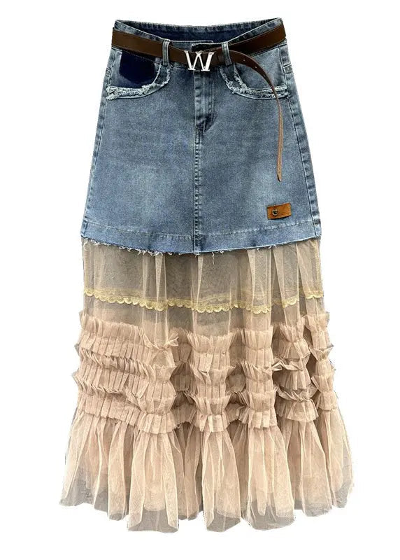 Women Colorblock Tulle Ruffled Pockets Patchwork Denim Skirt Fall Ada Fashion
