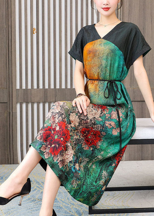 Women Colorblock V Neck Patchwork Floral Silk Dress Summer LY1683 - fabuloryshop