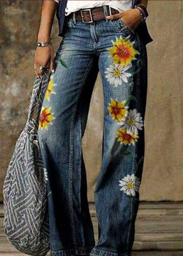 Women Daisy Print Pockets Patchwork Denim Straight Pants Spring LY3961 - fabuloryshop