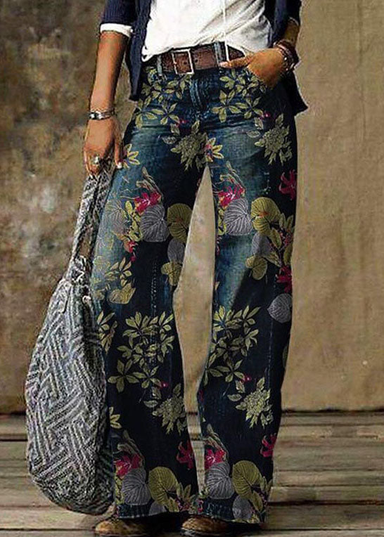 Women Daisy Print Pockets Patchwork Denim Straight Pants Spring LY3961 - fabuloryshop