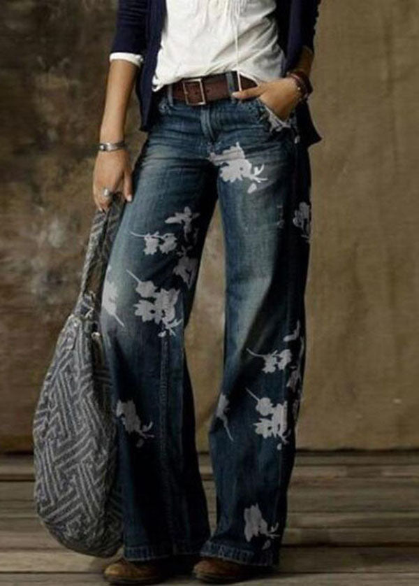 Women Daisy Print Pockets Patchwork Denim Straight Pants Spring LY3961 - fabuloryshop