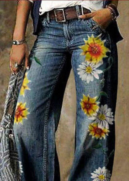 Women Daisy Print Pockets Patchwork Denim Straight Pants Spring LY3961 - fabuloryshop