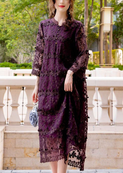 Women Dark Purple Embroideried Hollow Out Organza Long Dress Spring LY0998 - fabuloryshop